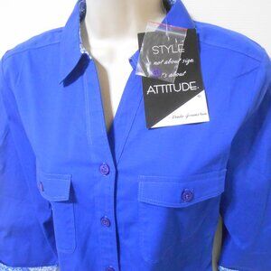 NEW ATTITUDES BY RENEE BEAUTIFUL ROYAL BLUE BLOUSE DBL BREAST POCKETS SIZE M 👩
